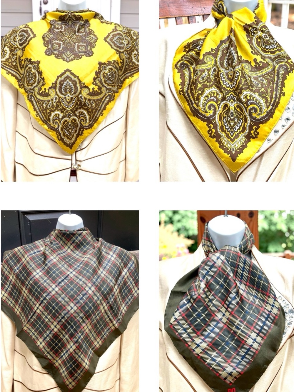 (2) Silk Scarf /Bandana 23" Daks & Other Okive red brown check Gold paisley (26